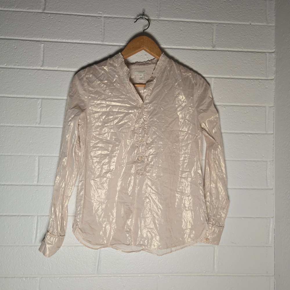 J.Crew Metallic Gold Cotton Blouse Medium Ruffle Front Shimmer Top Popover